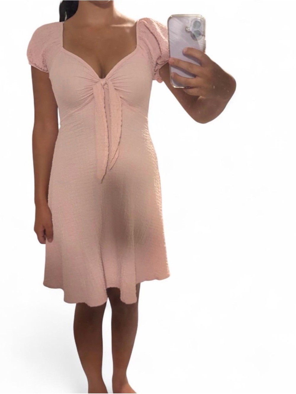 Light Pink Puff Sleeve Tie-Front Women’s Dress